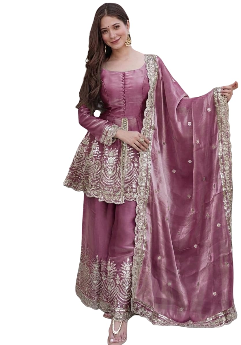 ONPEAK Wedding Sharara Suit Set Kurti Sharara Dupatta Embroidered Festive Party Wear Clothing, Pink, Medium