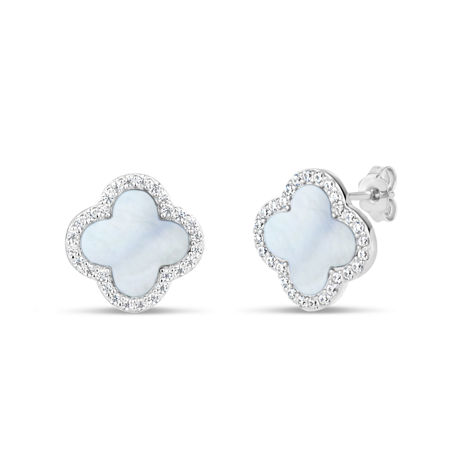 Sterling Silver Mother Of Pearl With Cubic Zirconia Clover Stud Earrings