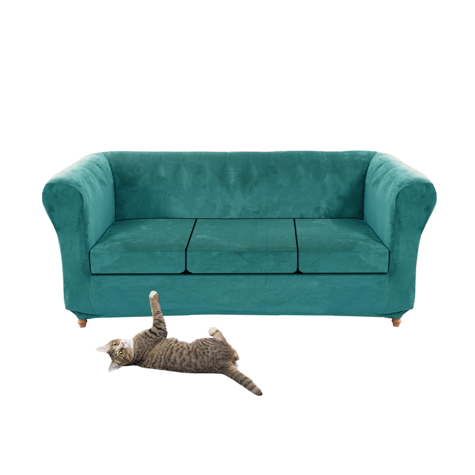 Stretch Velvet Chesterfield Sofa Cover Couch Cover with Seat Cushion Covers for Curved Chaise Armchair Vintage Style (Teal Sofa + 3 Small Seats)