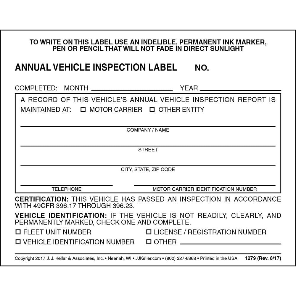 100-Pack, Annual Vehicle Inspection Label, 2-Ply Adhesive Vinyl, Prenumbered, DOT Compliant, J. J. Keller & Associates, Inc.