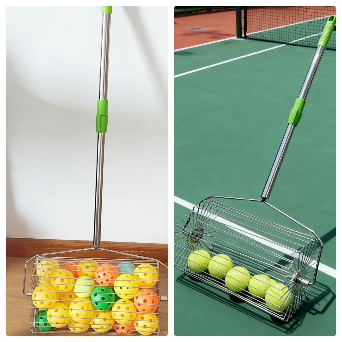 Recolector de pelotas de tenis de acero inoxidable de gran capacidad, pickball Pickball Pickball, recogedor de metal portátil, reciclador de pelotas de tenis de metal extensible, colector