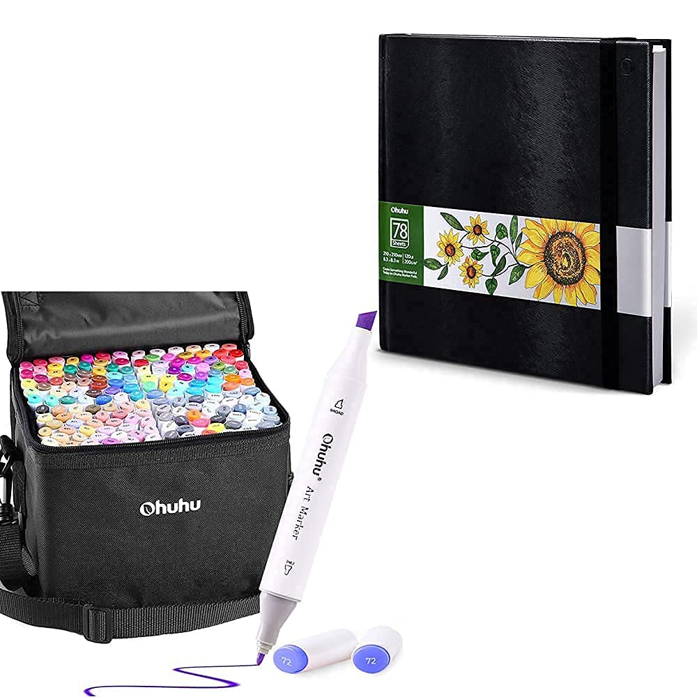 Ohuhu Alcohol Art Markers, Double Tipped Alcohol-Based Marker Set+Ohuhu Marker Pads Art Sketchbook, 