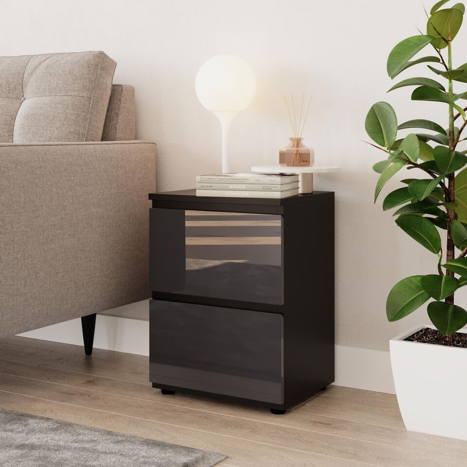 URBNLIVING 49cm High Gloss Bedside Table 2 Drawers Bedroom Storage Cabinet with Smooth Metal Runner Modern Dresser Bedside Chest of Drawers for Bedroom Living Room Office — image 1