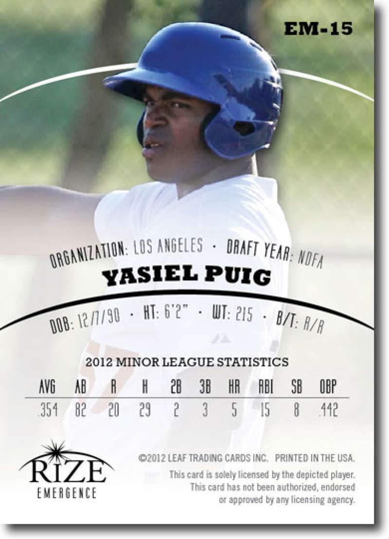 2012 Leaf Rize Draft Gold Emergence #E15 Yasiel Puig Dodgers (Rookie/Prospect Insert Paragon Card) MLB Baseball Card /100 NM-MT