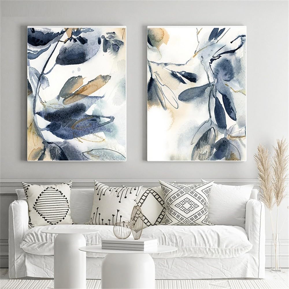 WUHBCZ Pictures,Abstract Watercolor Leaves Blue Posters Prints Painting Picture Wall Neutral Wall Art Living Bedroom Kitchen Office Room Decor Artwork-50 * 60cm*2PCS (No Frame)