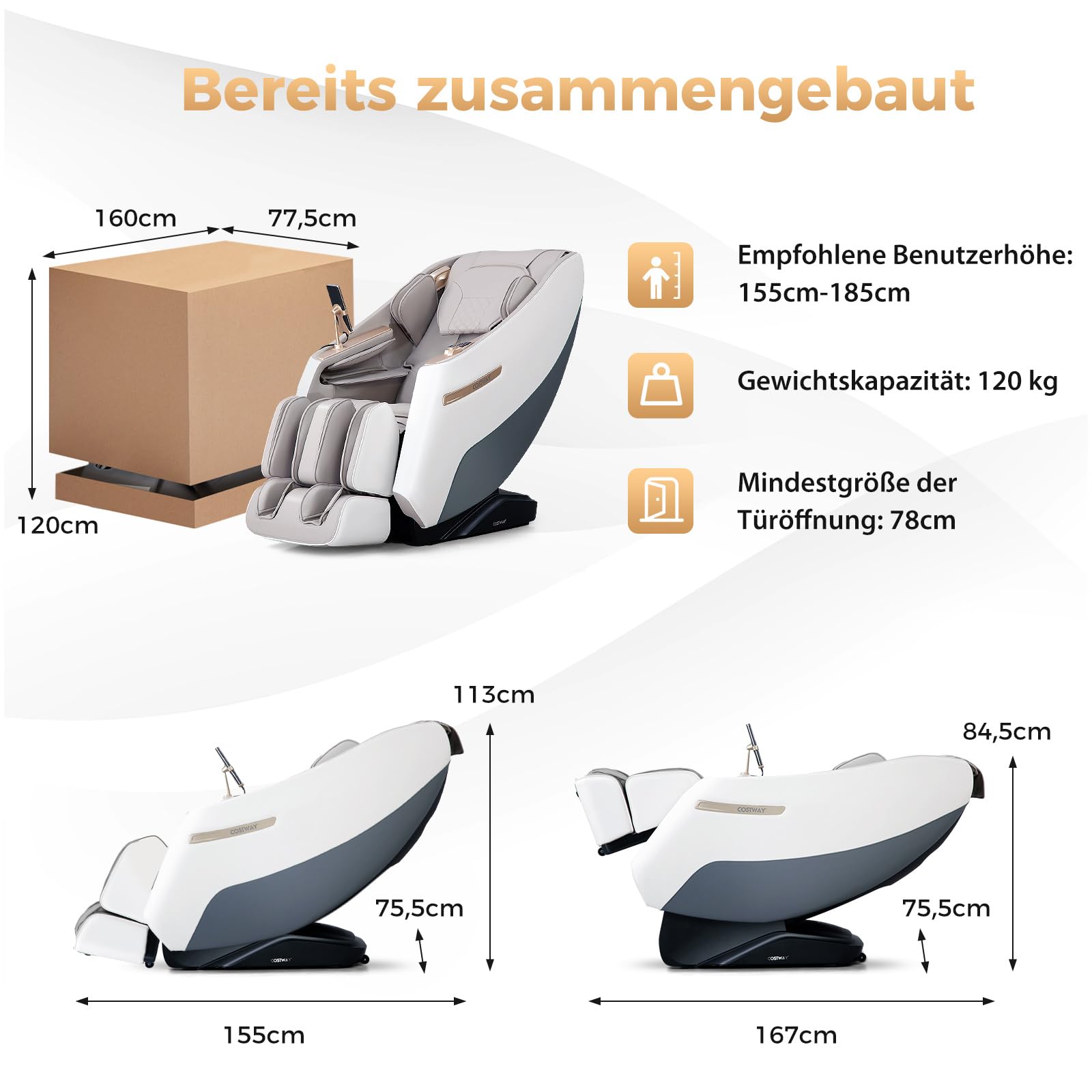 COSTWAY Massagesessel, Zero Gravity SL Track Shiatsu Massagestuhl Heizung & Luftdruckmassage, Ganzkörpermassagesessel mit 12 Automatik-Modi & Fernbedienung, Elektro Relaxsessel für Zuhause (Weiß)