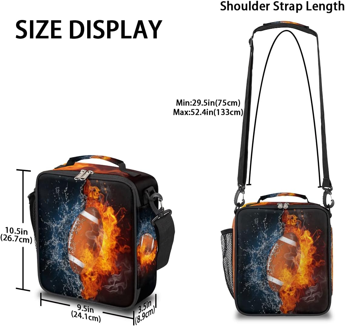 Insulated Lunch Box for Boys Girls, Reusable Lunch Bags with Adjustable Shoulder Strap and Water Bottle Holder for Kids Adult, Football Lunch Tote Bag for Office Work School