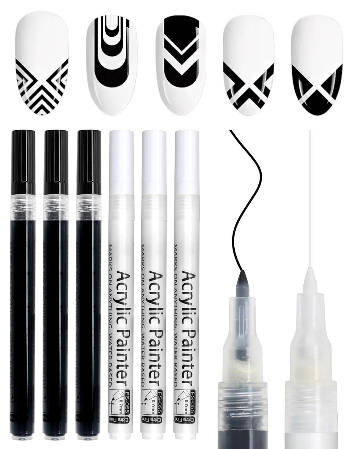JUKOTA 3D Nagellack Stift Set Schwarz & Weiß – 6 Stifte Für French Nails & Nagelkunst