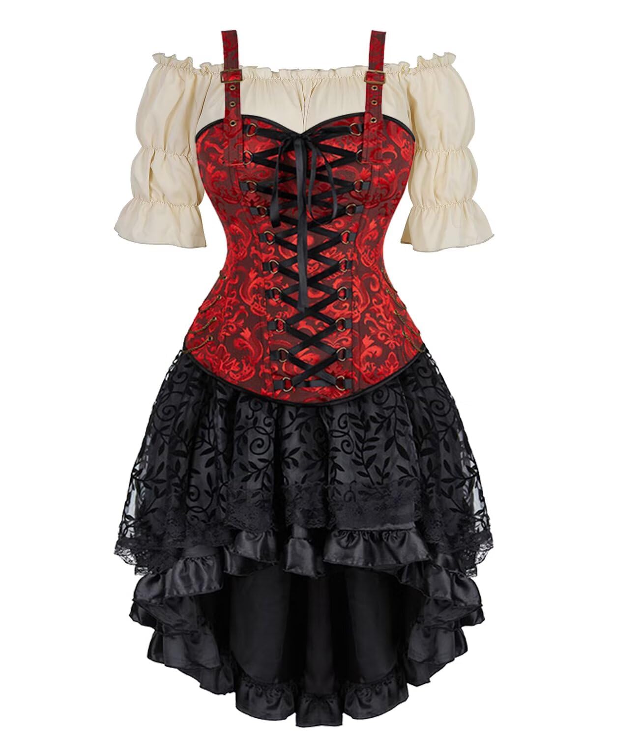 Josamogre Corset Jupe Robe Set Pirate Femme Bustier Steampunk Bretelles Top Sexy Halloweenn Vetement Viking