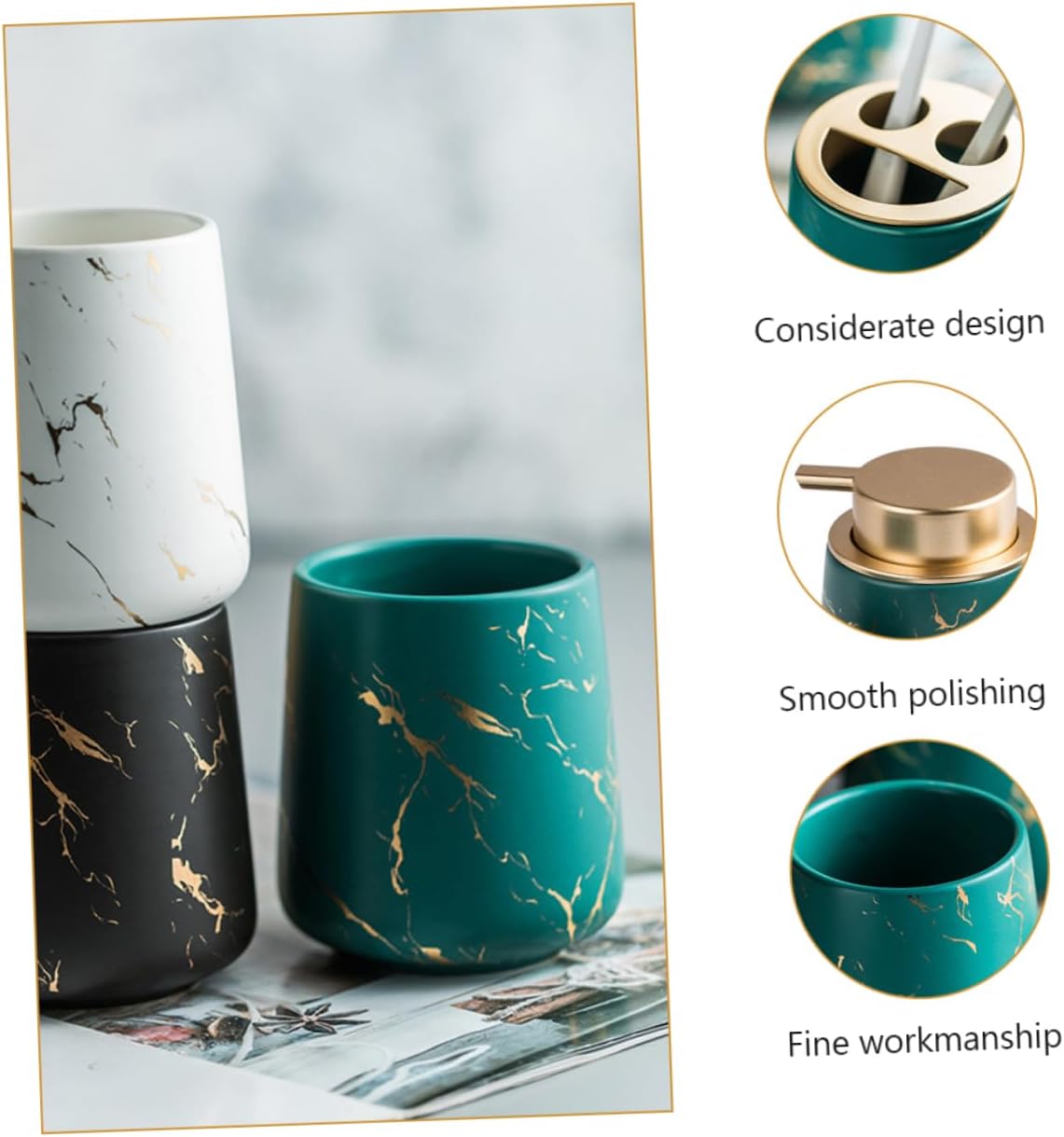 Ceramic Bathroom Washing Set 4-Piece Toothbrush Holder and Washing Cup Kit Dark Green for Home and Travel