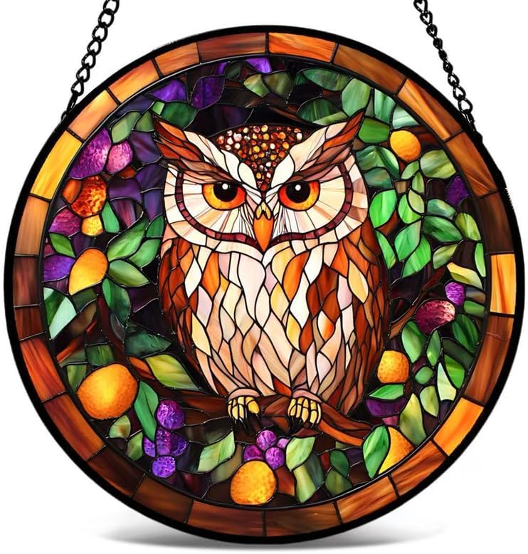 Atrapasoles de cristal con diseño de búho  Tiffany estilo búho colgante de ventana, atrapa sol redondo de vidrio con hojas coloridas y patrón de