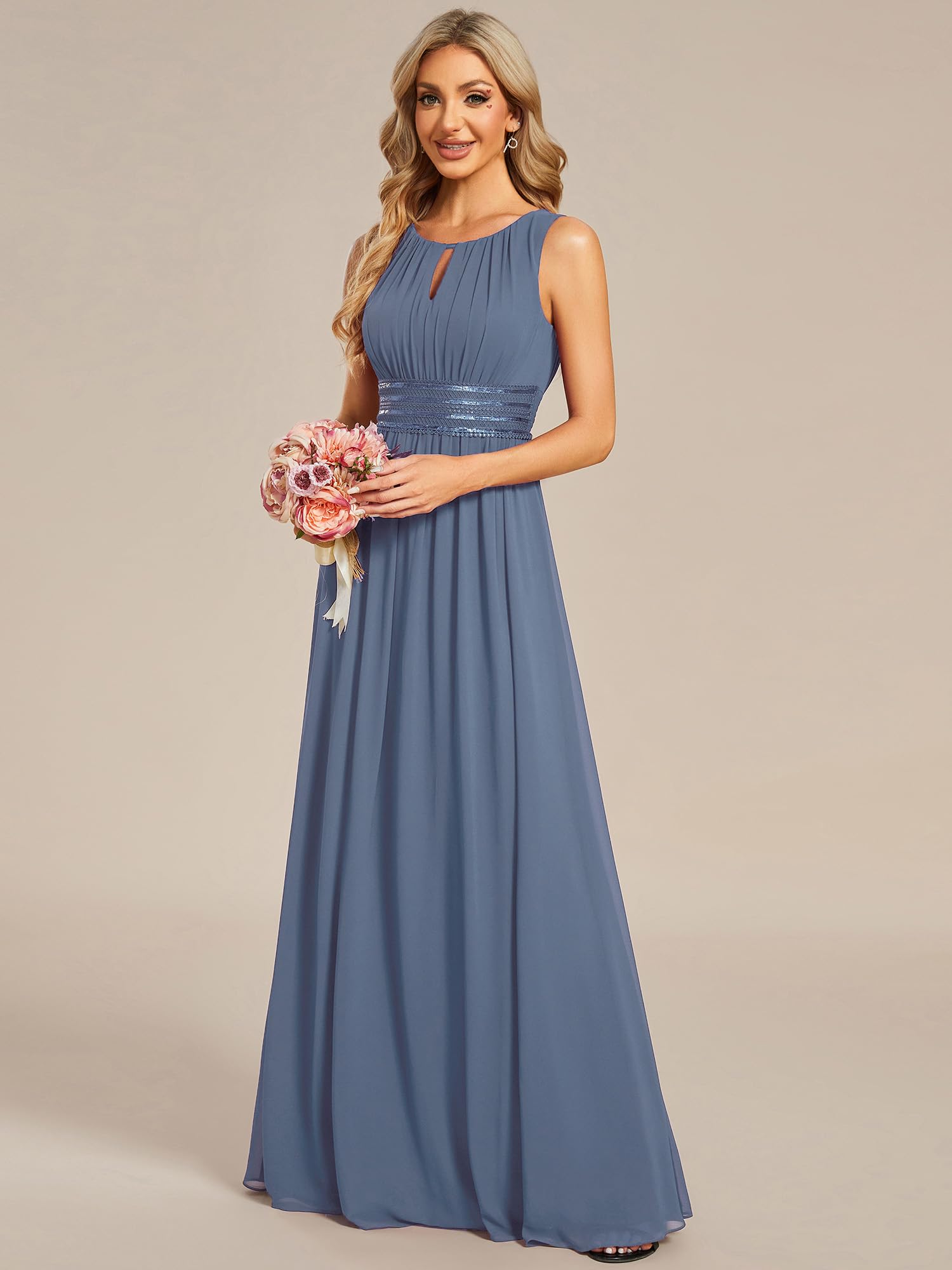 Ever-Pretty Vestido de noche, cuello redondo, sin mangas, falda acampanada, gasa para mujer, vestido de noche, elegante, ES01955