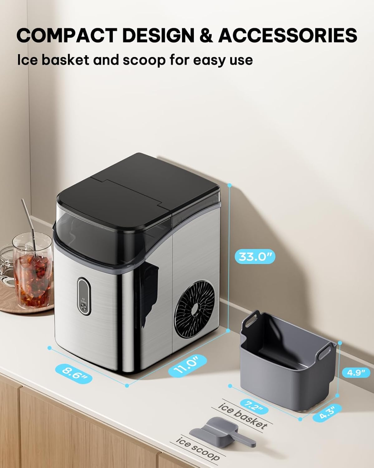 Silonn Nugget Ice Maker Countertop-Soft Chewable Pebble Ice Machine With One-Click Operation & Self-Cleaning Function, 33lbs Ice Per 24 Hours, Stainless Steel Design For Home, Kitchen & Bar on Fridge.com - View 2
