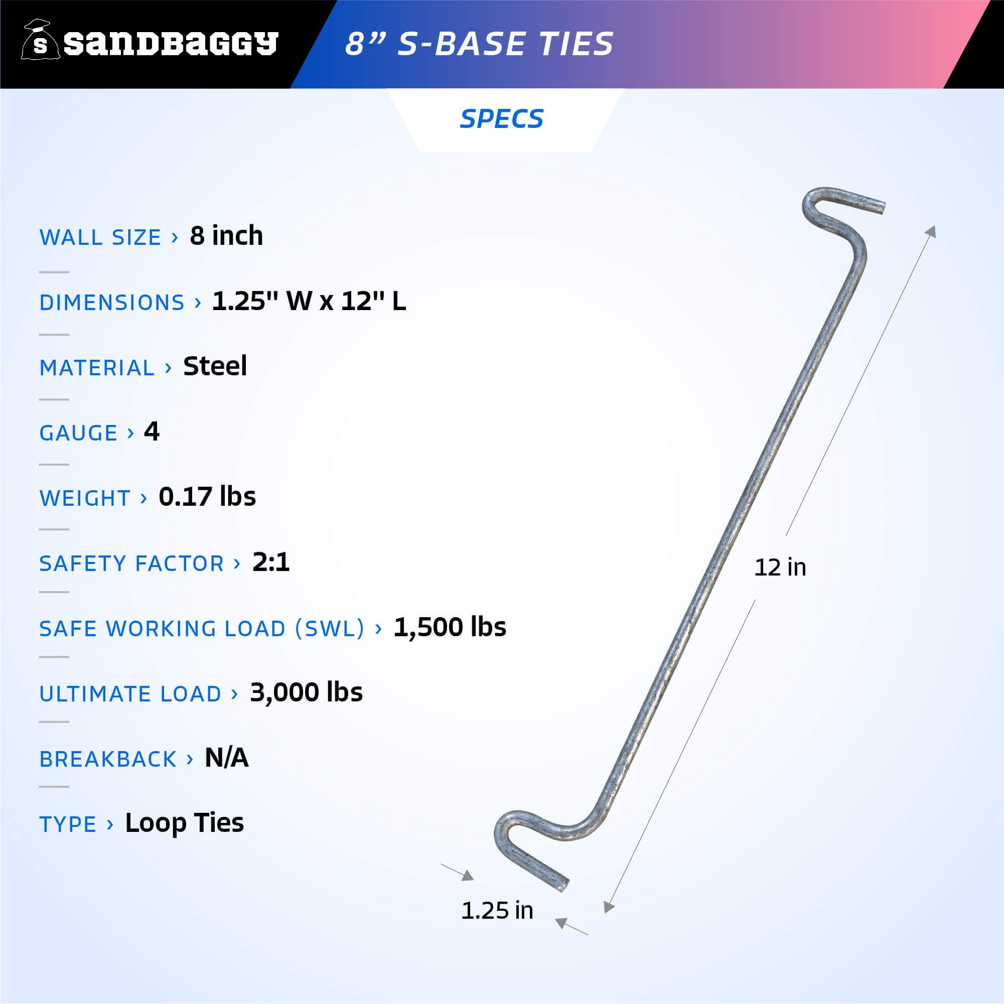 Sandbaggy 8 inch S-Base Tie - Compatible with Symons Steel-Ply and Sure Built Sure Ply Formwork Systems - Loop Concrete Ties (8 Inch Walls, 25, Count)