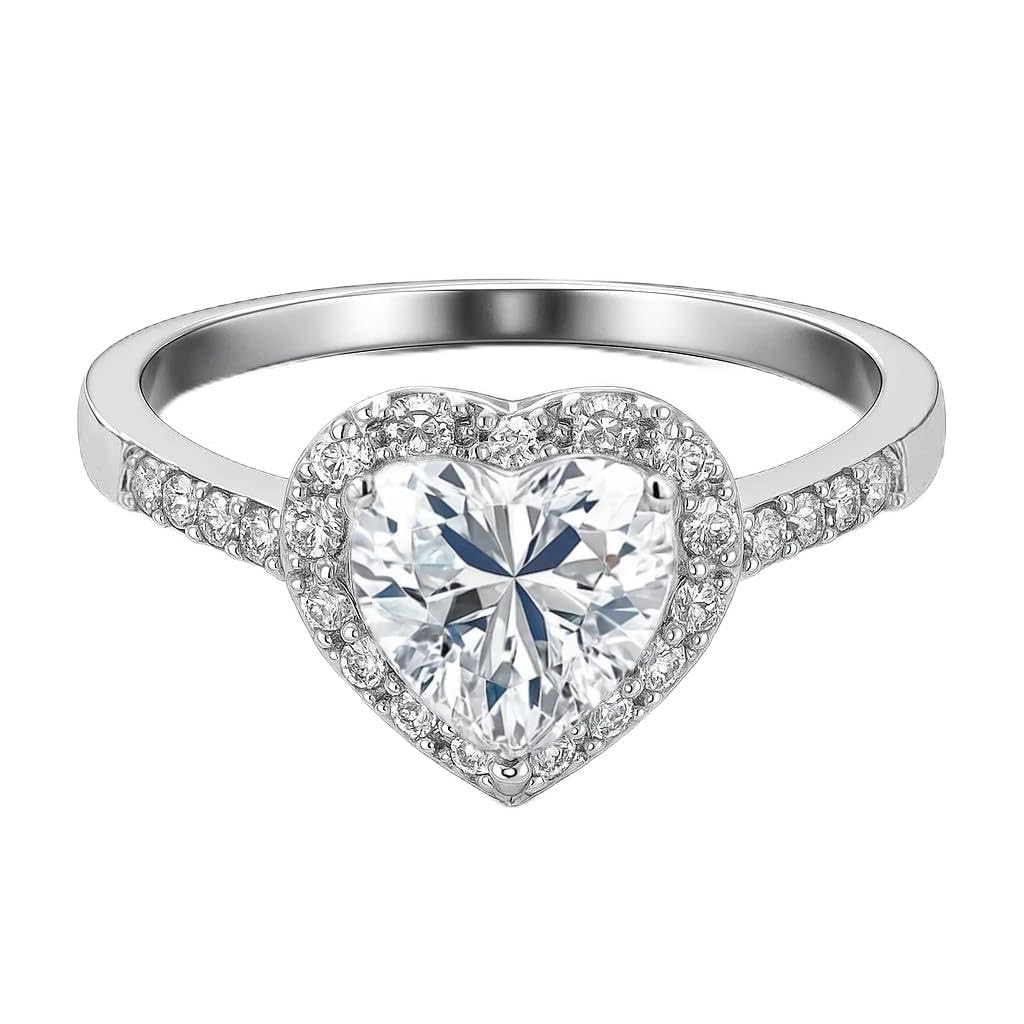 7MM Dazzling Heart Halo Promise Ring for Women, Hypoallergenic 18K White Gold Plated CZ Engagement Ring, Micro Pave Simulated Diamond Jewelry Gift R200
