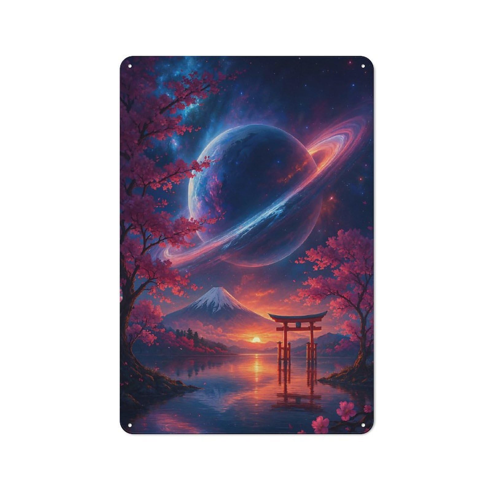Junmoney Style-16 Japanese Landscape With Planet And Torii Gate Workshop Style Metal Wall Decor 30X20cm, Decorative Metal Plaque For Garage, Hobby Room, Office Or Man Cave