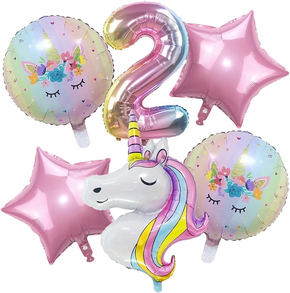 iTellkerUnicorn Balloons Birthday Decorations for Girls Kids, Number 2 Balloon, Large Foil Unicorn Balloon Pink Star For Girl 2nd Birthday Party Supplies (6 Pcs Pack)