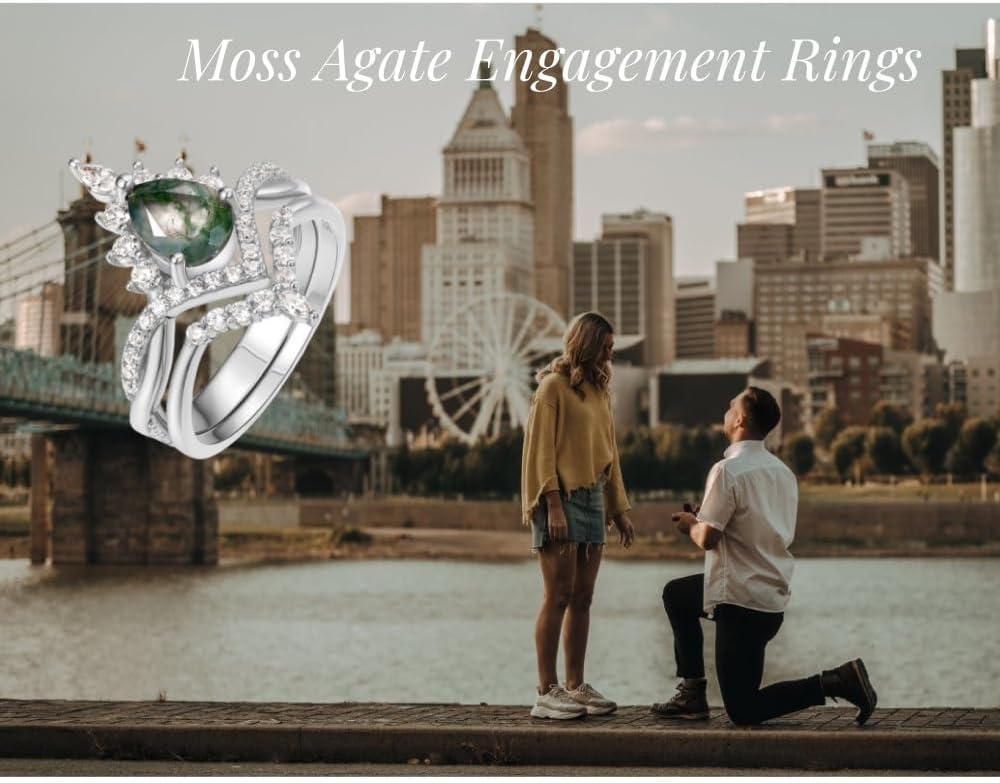 1.0CT Pear Shaped Moss Agate Engagement Rings for Women 14K Gold Plated 925 Sterling Silver Natural Moss Agate Ring Set Twisted Infinity Ring Vintage Halo Bridal Set 2pcs V Shaped Wedding Band Anniversary - Image 5