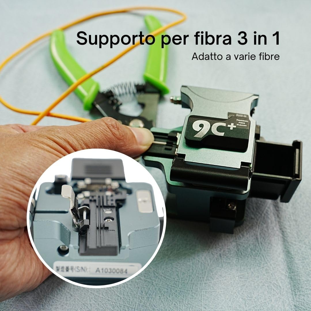 9C+ Mannaia per fibra ad alta precisione con rotazione automatica della lama e ritorno automatico, Fiber Cleaver taglierina fibra ottica con supporto per fibra 3 in 1 24 punti di taglio