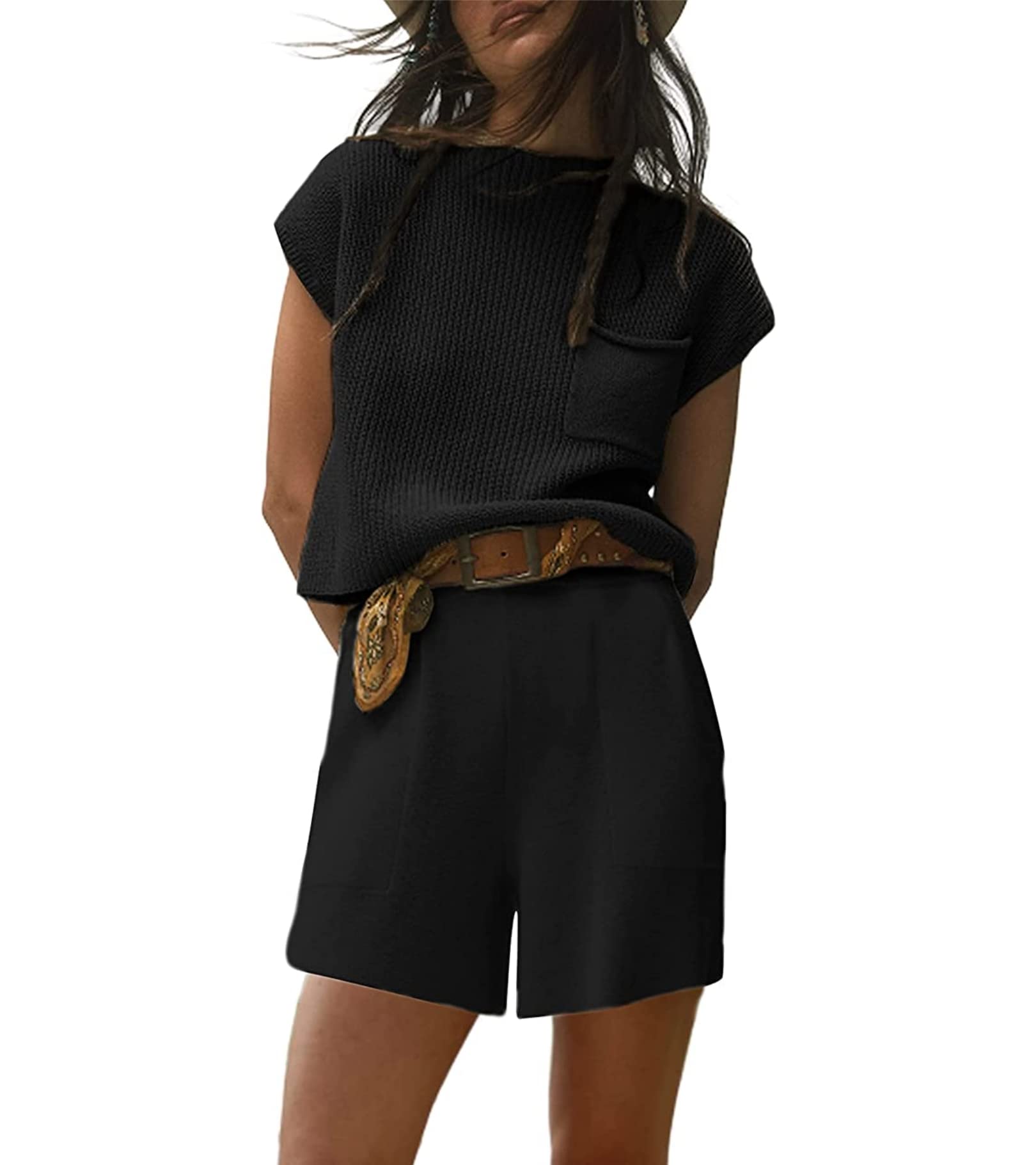 Aimiray Women's Two Piece Sweater Outfits Knit Pullover Top and Loose Shorts Sweatsuits Lounge