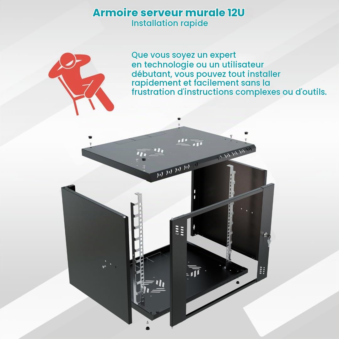 Armoire Réseau 19 Pouces - Baie Informatique 12U - Baie de Brassage pour Montage Mural - Capacité de Charge 55 kg - Profondeur 450 mm - Armoire Informatique - Noir