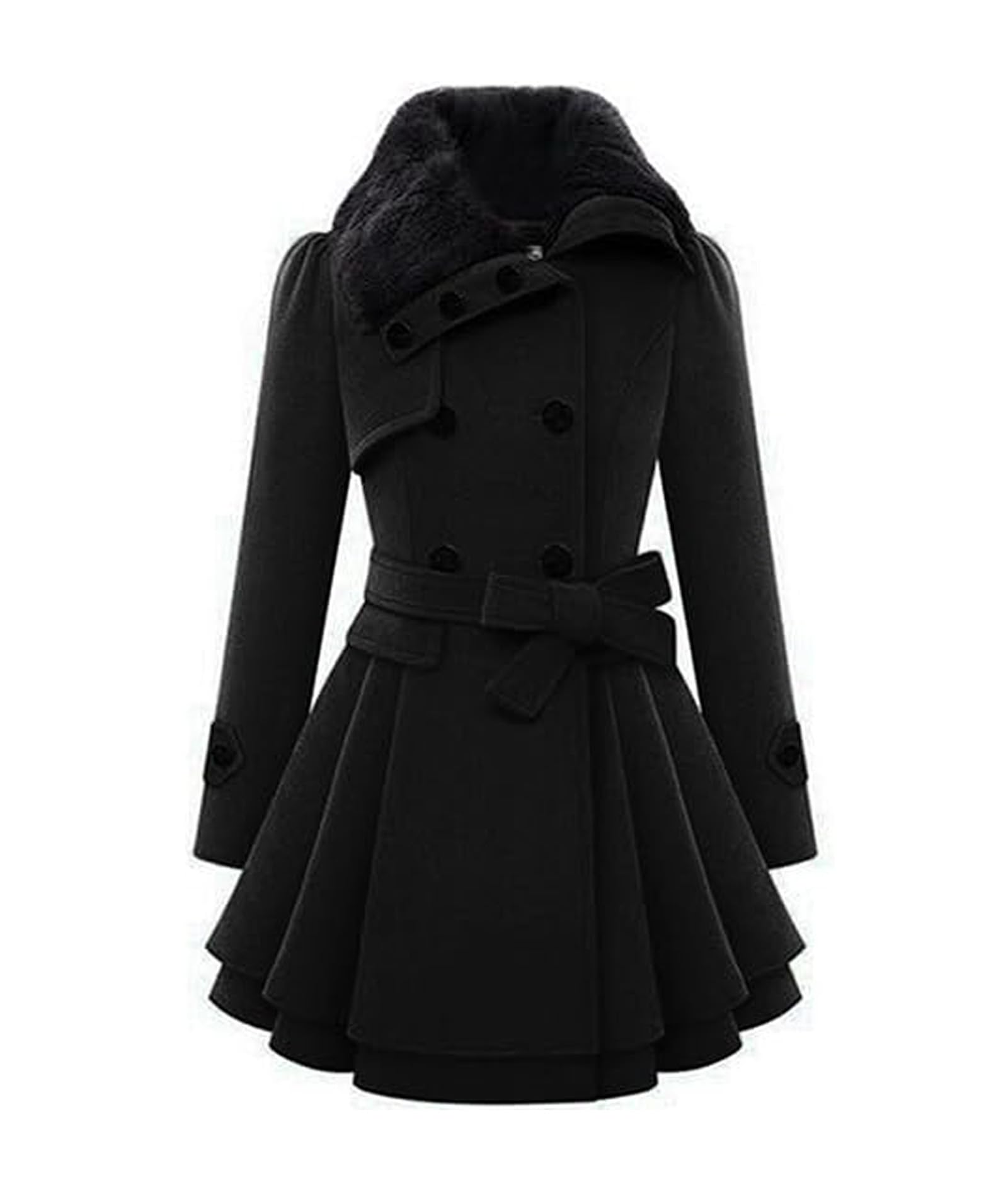 xxxiticat Womens Double Breasted Trench Coat Long Sleeve Faux Fur Lapel Flared Hem Belted Winter Warm Jacket Overcoat