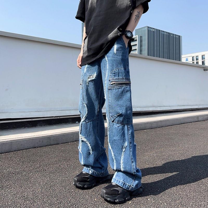 Unisex Y2K Wide Leg Baggy Distressed Cargo Jeans – Vintage Washed Loose Fit Denim Streetwear Pants with Zipper Detail3