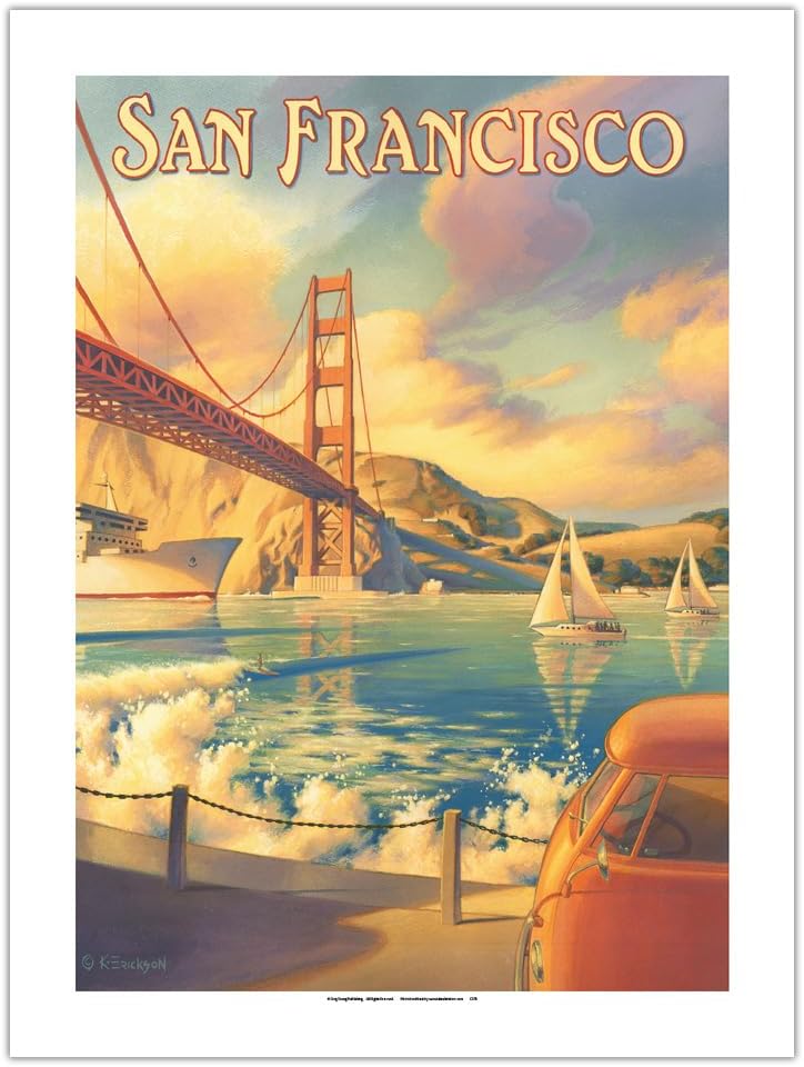 San Francisco California - Golden Gate Bridge - Marin Headlands - Vintage Travel Poster by Kerne Erickson - Bamboo Fine Art 290gsm Paper Print (Unframed) 18x24in
