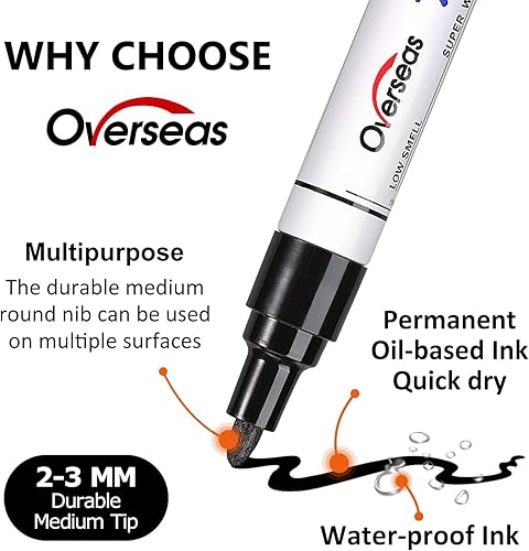 Miniatura 2 de Overseas Bolígrafos de pintura blanca y negra, paquete de 12 marcadores permanentes a base de aceite, punta media, secado rápido e impermeables para
