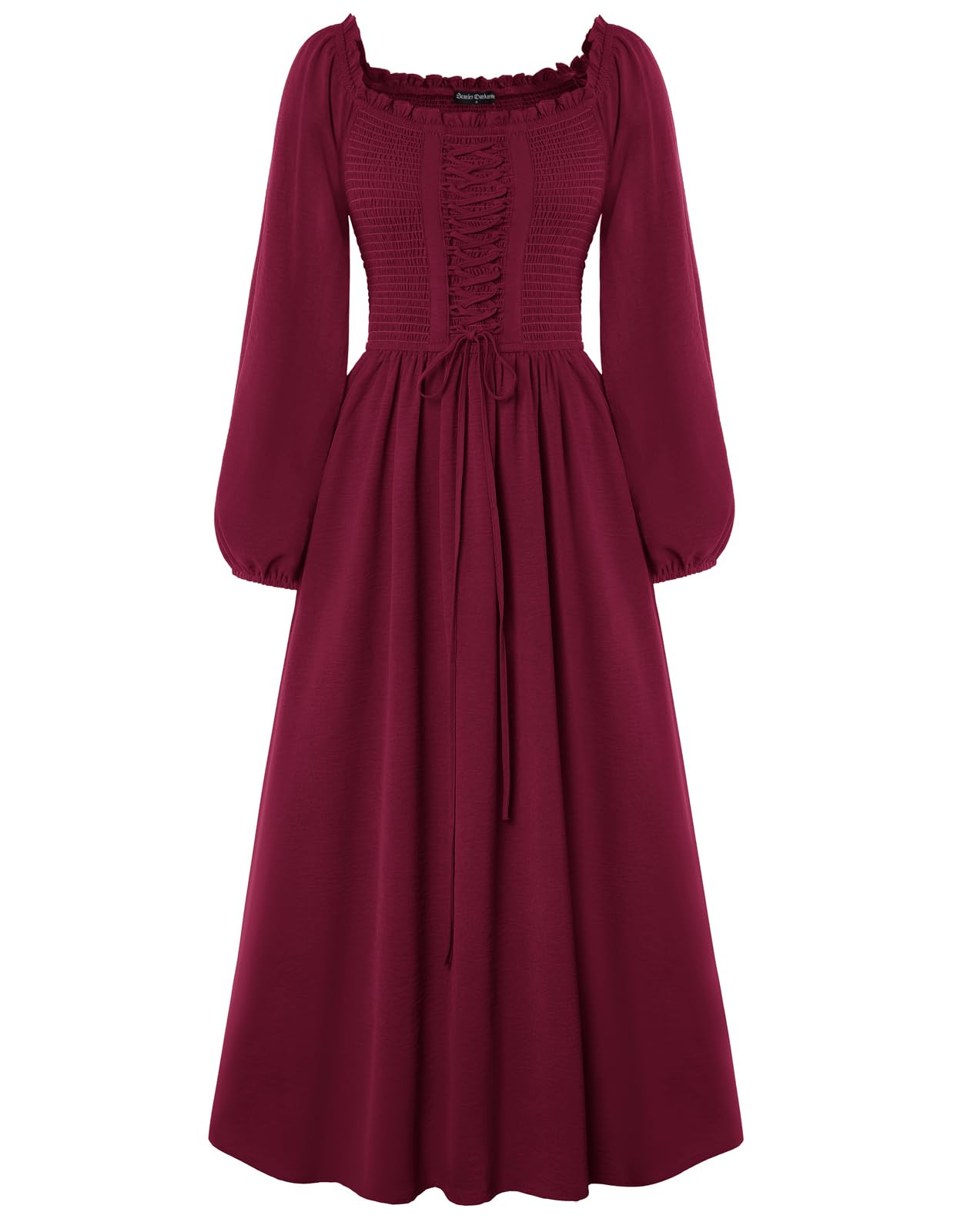 Renaissance Costume Women Cottagecore Long Sleeve Smoked Dress Medieval Gown with Pockets Dark Red L