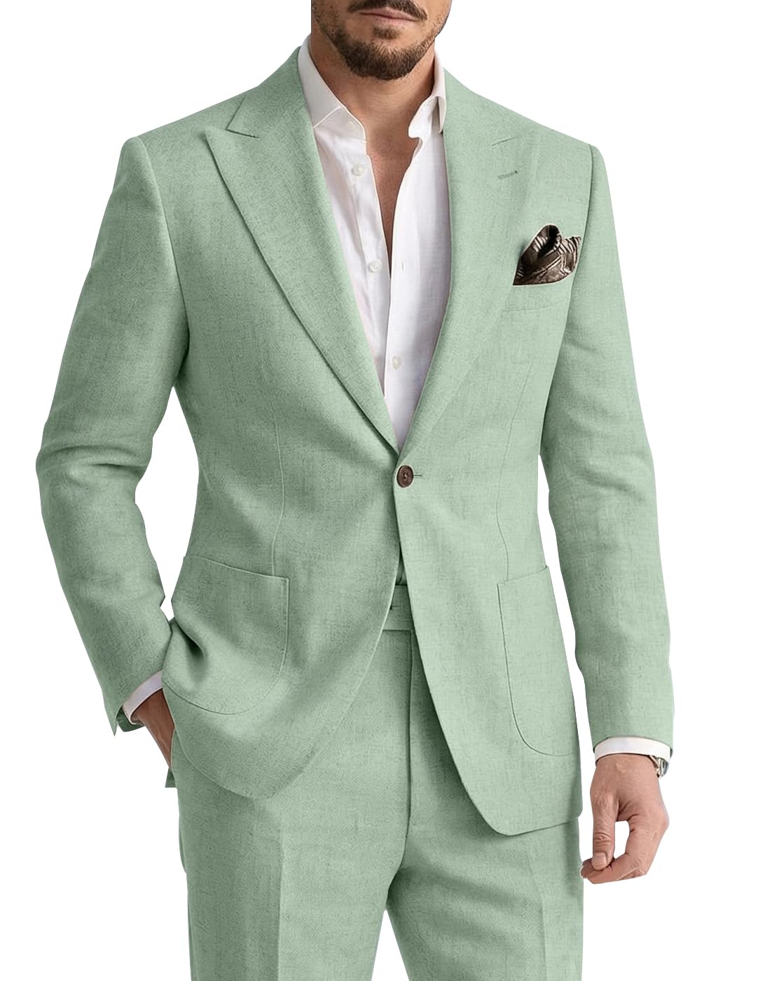 Photo 1 of Men's 2 Pieces Linen Suits Casual Lightweight Blazer Jackets Pants Set for Wedding Business Prom Suit sage Green M