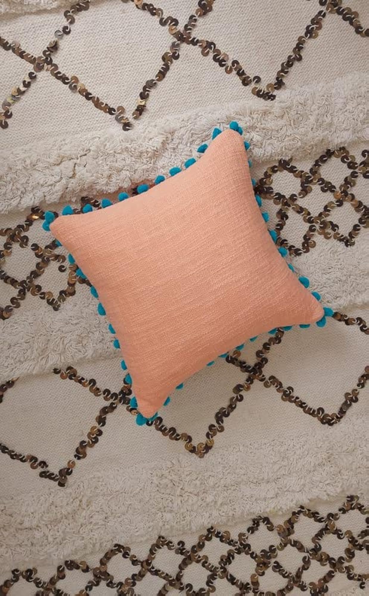 Solid Peach Pom Pom Cushion Cover (18X18)