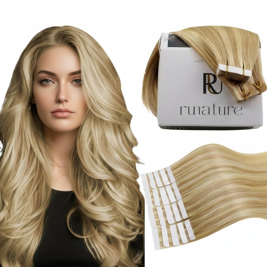 RUNATURE Tape in Extensions Echthaar Blond 45 cm Goldblond Mit Hellblond Echthaar Tape Extensions Menschliches Haar Invisible Tape Extensions Echthaar 50g 20pcs #16P24
