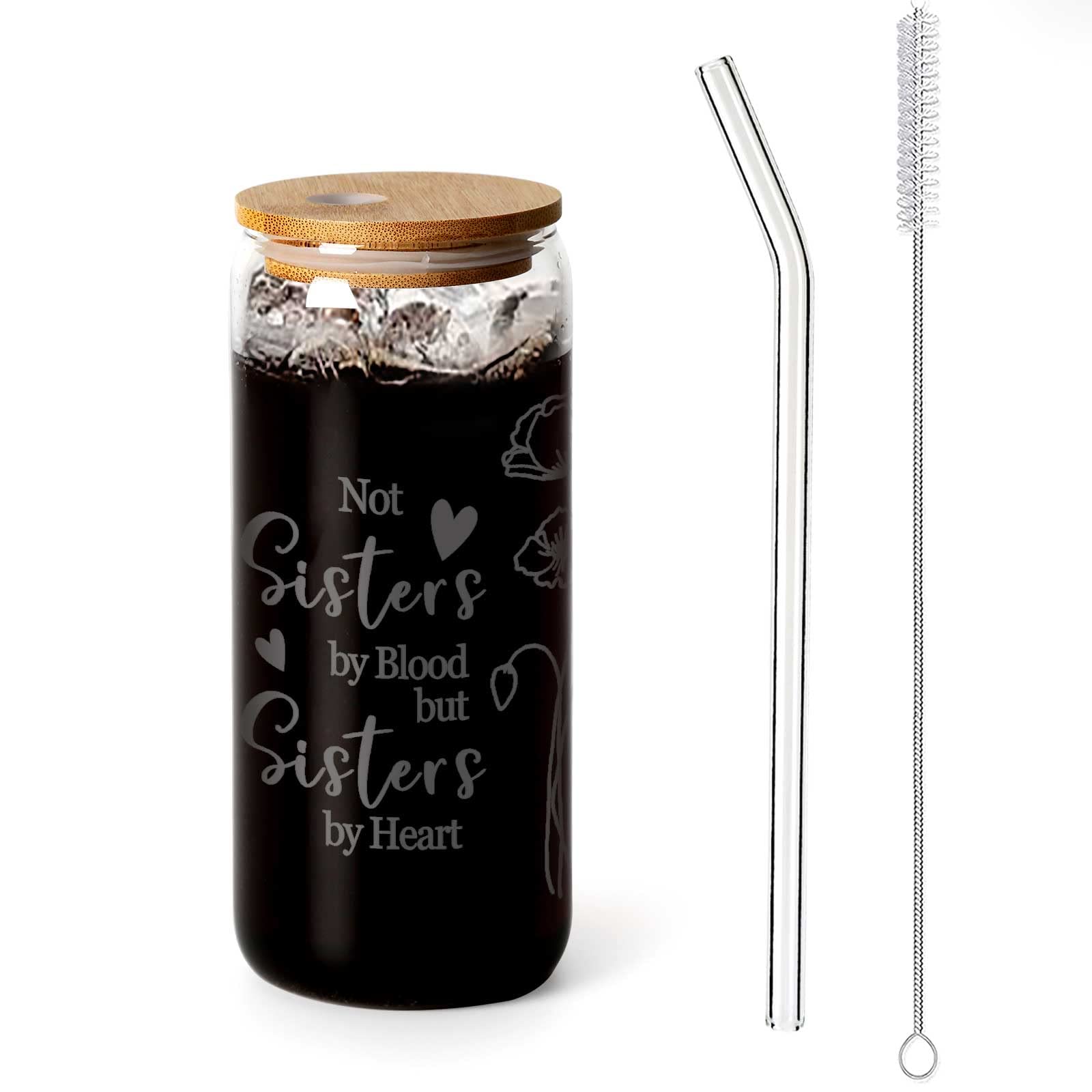 20oz Iced Coffee Mugs | Glass Cups with Lids and Straws | Flower Glass Tumbler with Bamboo Lid and Straw | Best Sisters Ever | Beer Glass | Can Shaped Drinking Glass | Gifts for Sisters.