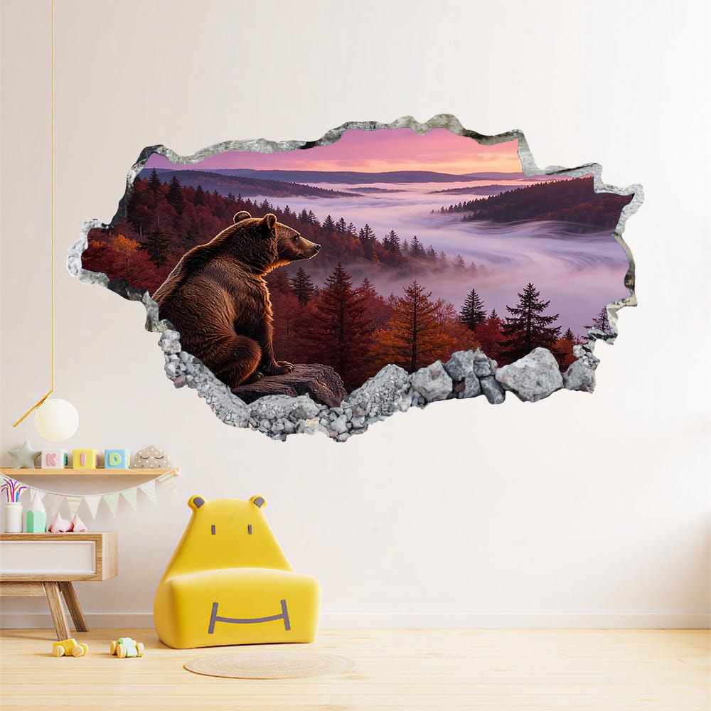 3D Wandtattoos Durchbruch Wandbild Bären Kinderzimmer Aufkleber Wandaufkleber Baumnebel Herbst Natur Wandsticker für Kinderzimmer Junge Zimmer Wohnzimmer Schlafzimmer