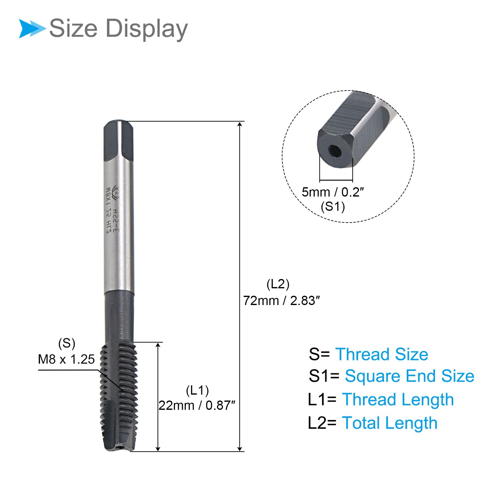 CoCud Spiral Point Tap, M8X1.25 Thread Size, TICN Coated HSS Metric Threading Tap - Image 2