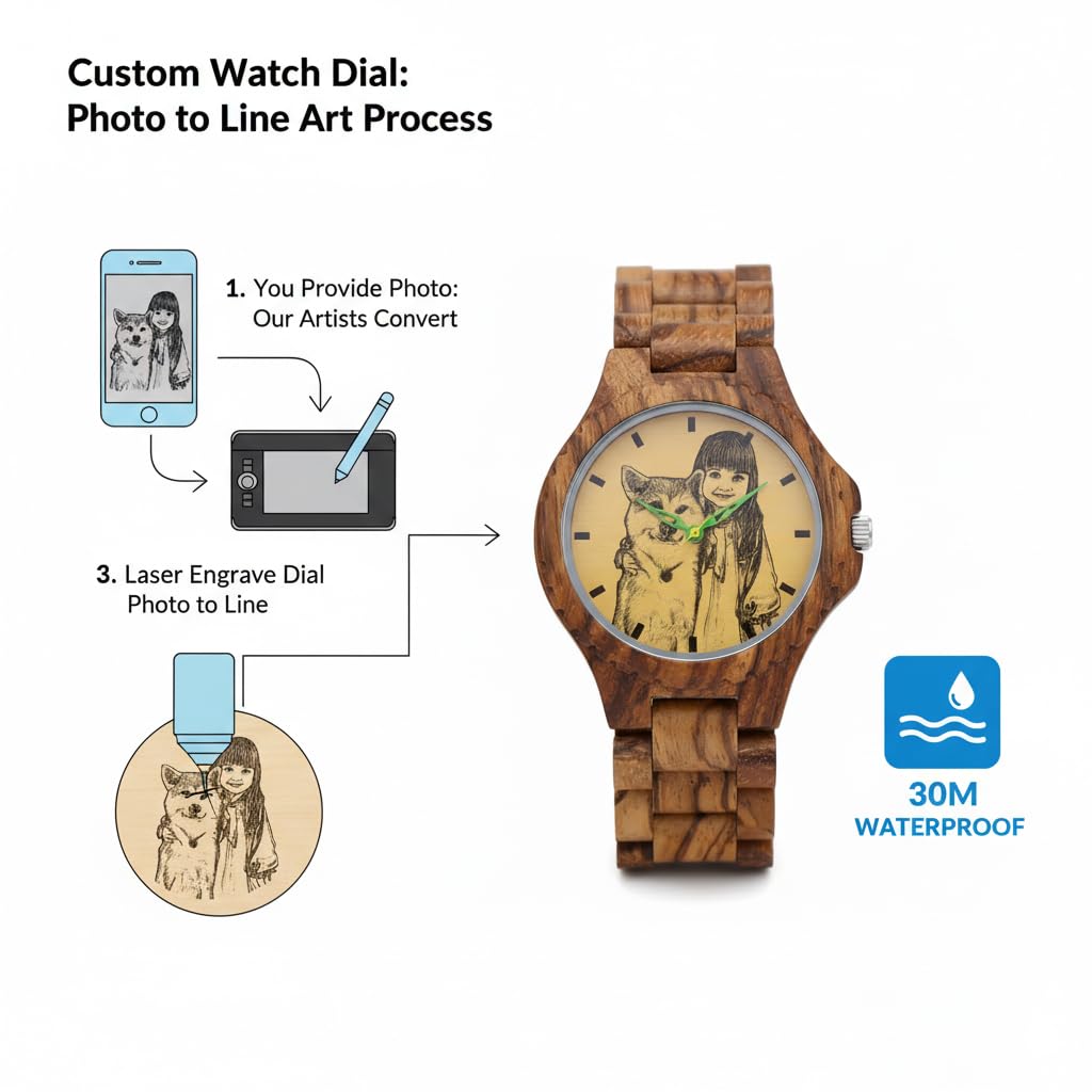 Reloj de madera personalizado para hombre, esfera fotográfica de línea blanca y negra, carcasa trasera grabada, reloj de pulsera de madera de bambú marrón de 40 mm con pulsera de eslabones, regalos