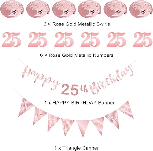Miniatura 2 de BRT Bearingshui Kit de decoración de cumpleaños número 25 para mujer, pancarta de feliz cumpleaños 25, serpentinas de remolinos, pancarta de bandera