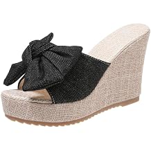 Bow Wedge Sandals for Women Platform Sandals Slides Open Toe Slip On Casual Summer Mules High Heels
