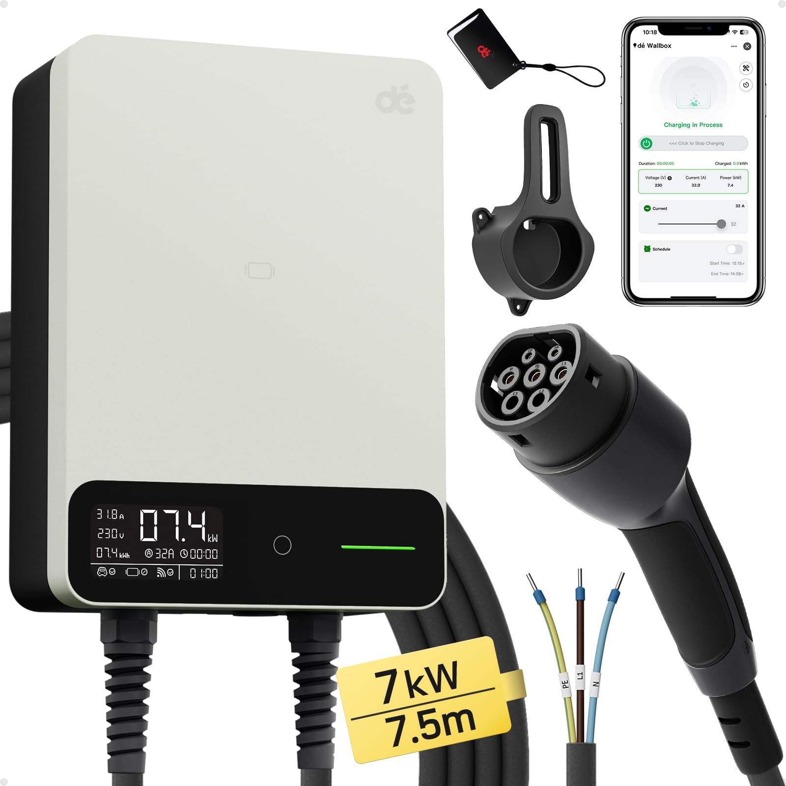 dé Estación de Carga Coche Electrico 22kW App [6-32A, Trifásico] Wallbox 22kW con Cable Tipo 2 7,5 m, RFID, Estación de Carga con RCD Tipo-B y Protección ip54 para Model Y/3 y Otros BEV/PHEV — view 25