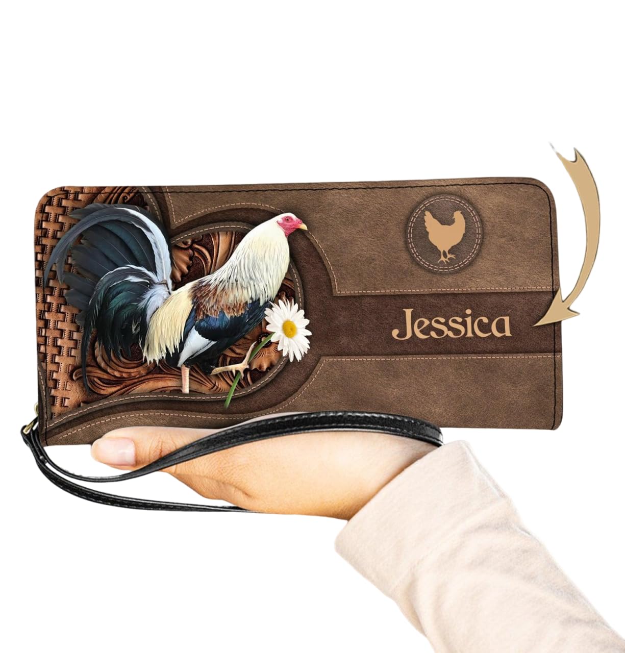 Personalized Chicken Hen Farm Women Leather Wallet, Vintage Rooster RFID Blocking Zip Wallet, Boho Multi Card Clucth Wristlet, Custom Name Gift for Chicken Lover (Chicken 2)