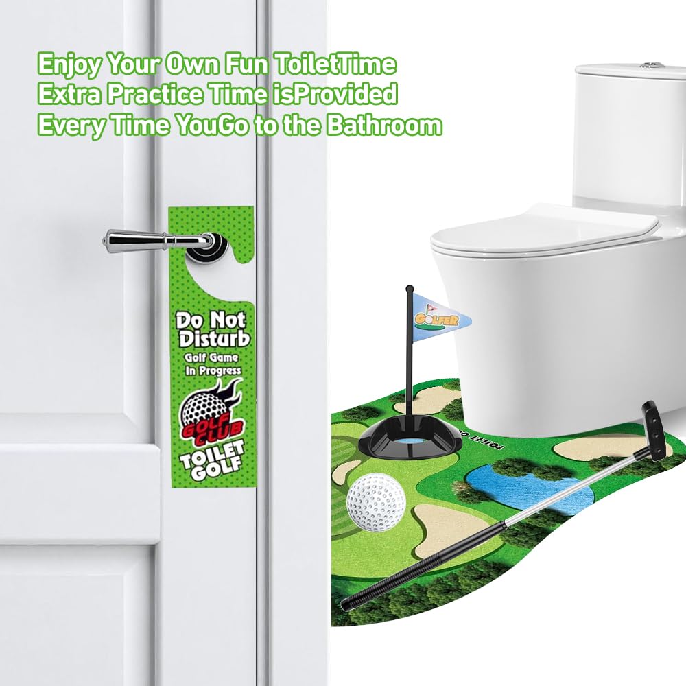 Mini Golf Game Set, Juegos de Golf para Inodoro, Set de Regalo de Golf con Palo de Golf, Tapete para Putting, 2 Pelotas de Golf y Colgador para Puerta, Divertido Regalo para Hombres de Golf