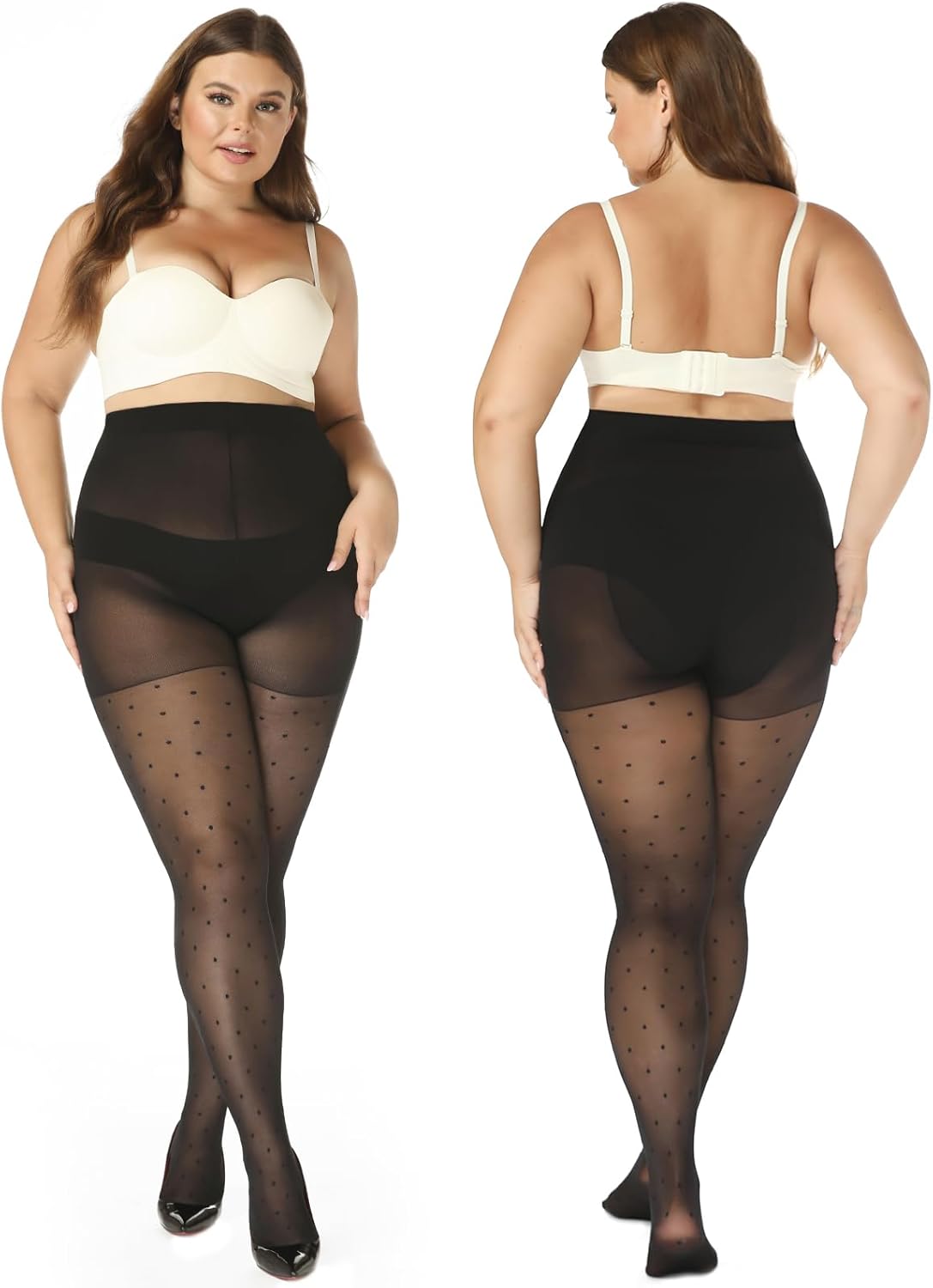 WiliW Polka Dot Plus Size Tights for Women, 40D Patterned Tights High Waist Control Top Black Sheer Pantyhose - Image 6