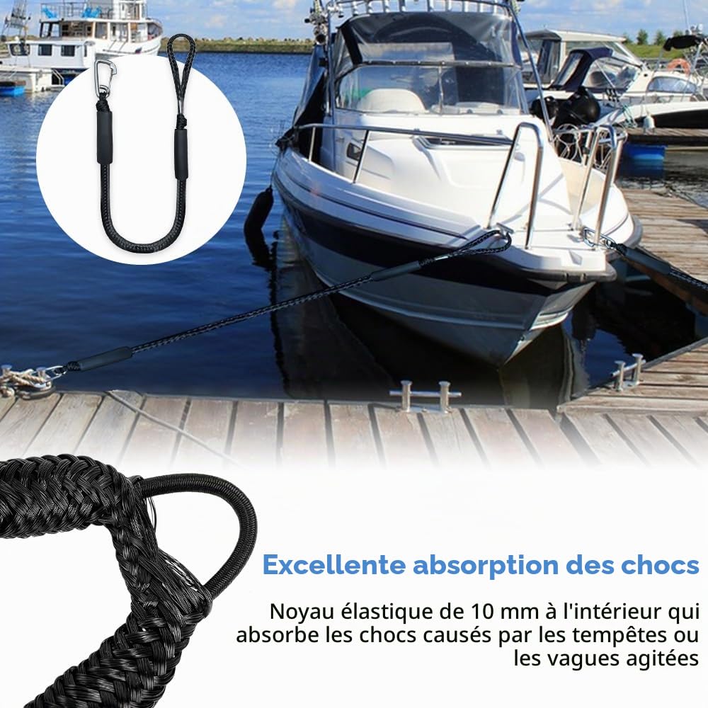 2 Pcs Cordon Bateau, Bungee Dock Line avec Crochet, Double Corde de Dock Tressée, Corde Élastique Amarre pour Bateau Accessoires pour Bateaux, Jet Ski, Ponton, Kayak (Noir)