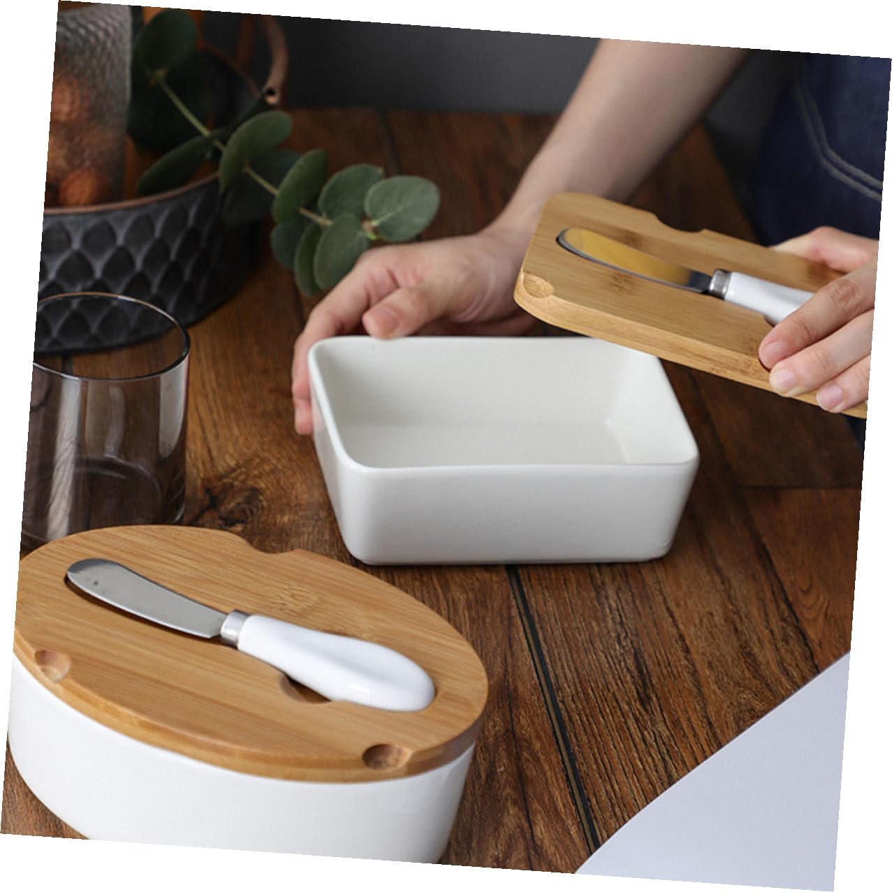 Ceramic Butter Dish with Cutter and Lid Nordic Style Oval Butter Box Set for Kitchen Storage and Cheese Serving with Cover