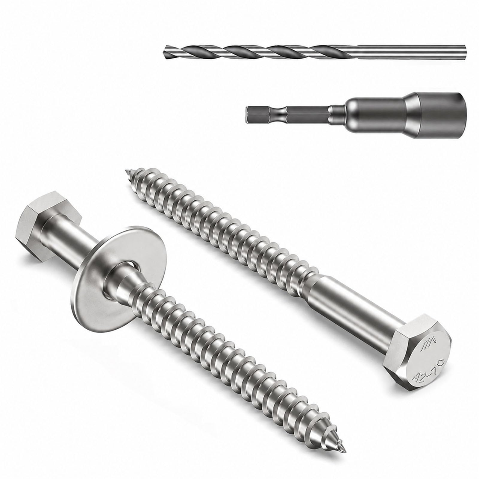 Zynthor 6Pcs M10 x 80mm Coach Screws, 304 Stainless Steel Hex Head Wood Screws with Washers, Magnetic Hex Socket and Drill Bit, Heavy Duty Lag Bolts for Timber, Decking, Fencing and Outdoor Fixing