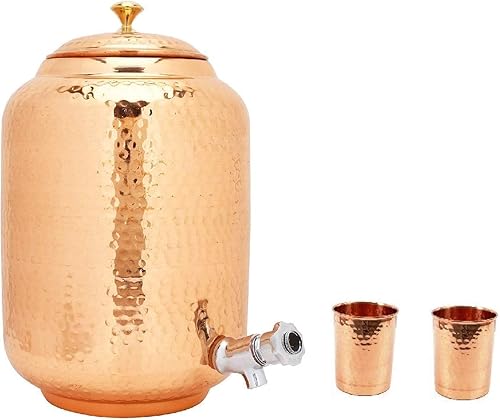 Dispensador de agua de cobre puro Matka con 2 vasos de vidrio 65 litros marrón juego de 3 piezas