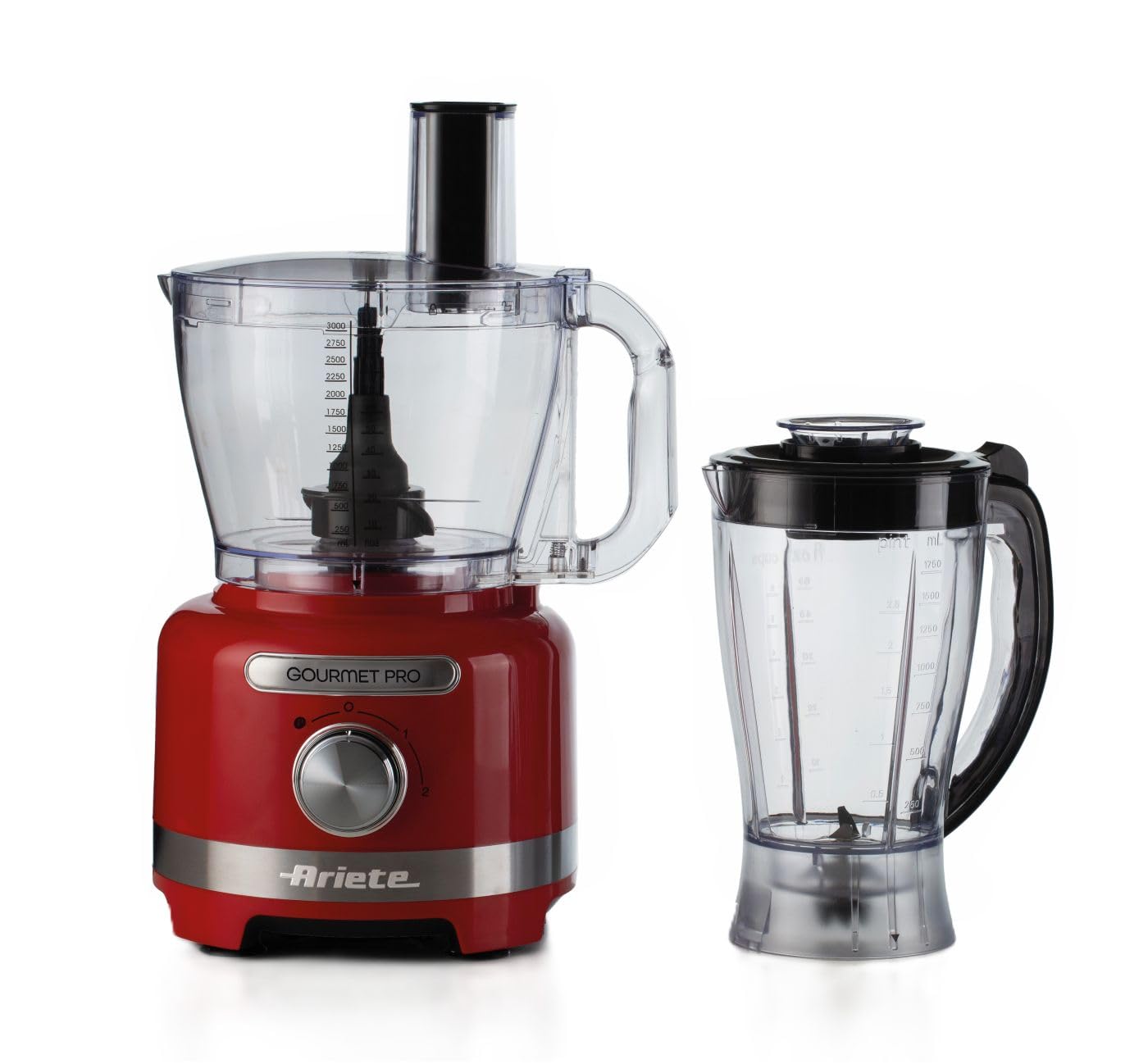 Ariete 1782 Gourmet Pro Moderna, Robot da cucina, Tritatutto 3L, Frullatore 2L, 2 velocità + Pulse, Set di lame + Disco in acciaio inox, Accessorio spremiagrumi, Rosso