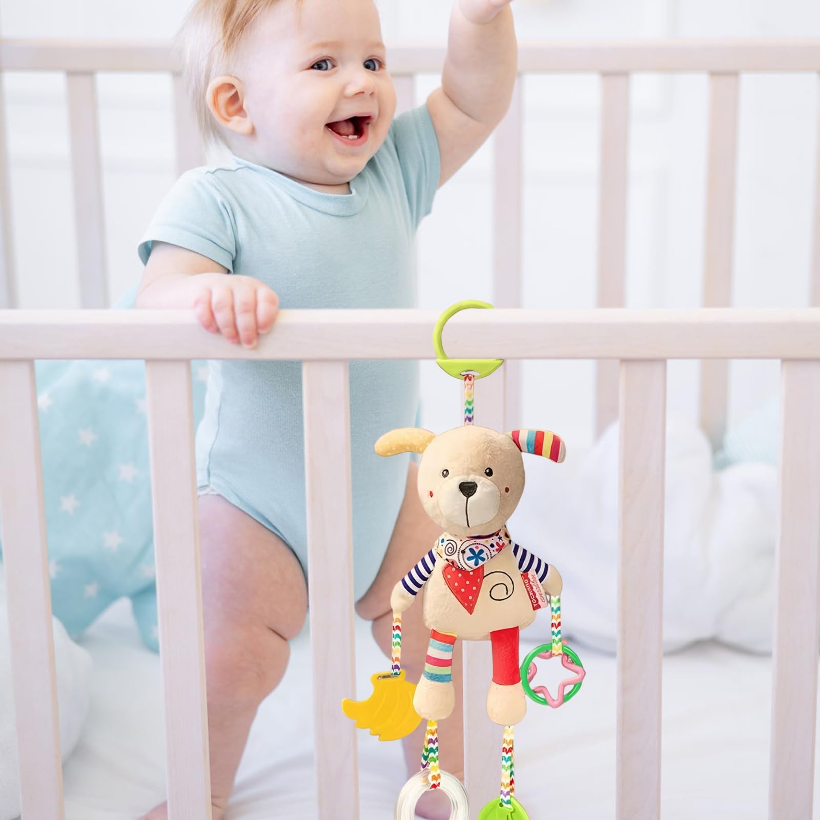 Jodsen Baby Pram Pushchair Toys Newborn Sensory Toy for Babies Soft Plush Early Development Stroller Car Toy Hanging Activity Toy with Teether Clip on Pushchair Handbells Baby Rattles Toys (Cute Dog) - Image 3