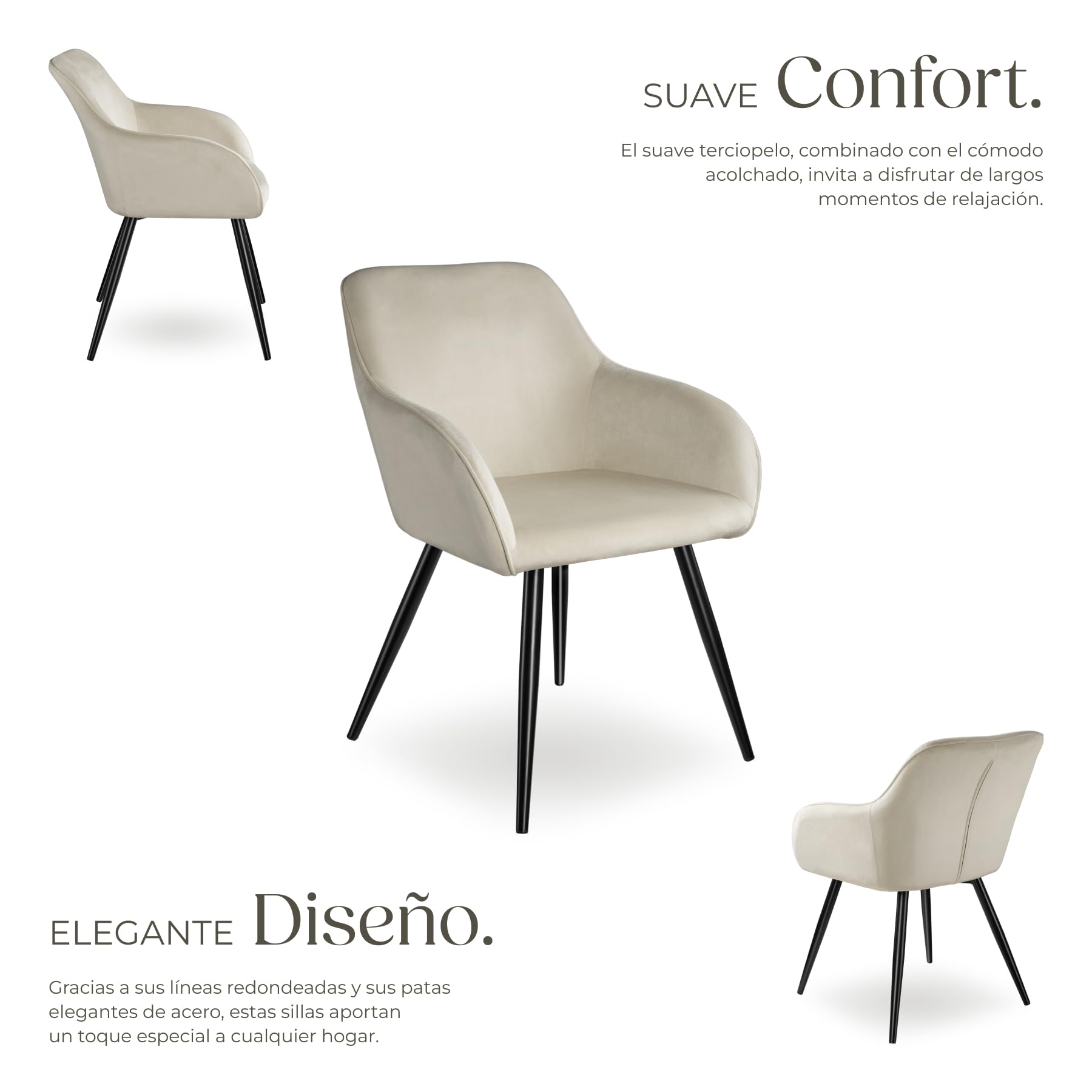 tectake® Silla Tapizada en Terciopelo, Sillas de Comedor Ergonómicas y Versátiles, Gran Estabilidad y Capacidad de Carga, Sillas Cocina Elegante - 1 Silla Crema/Negro